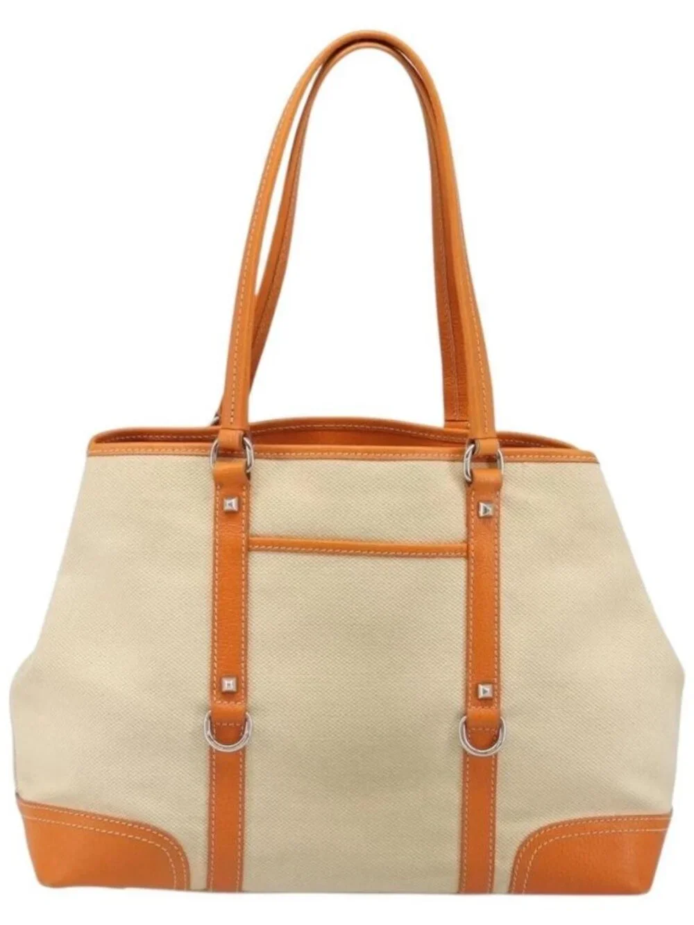PRADA Tote Bag Canvas Beige Silver Auth ka4818V